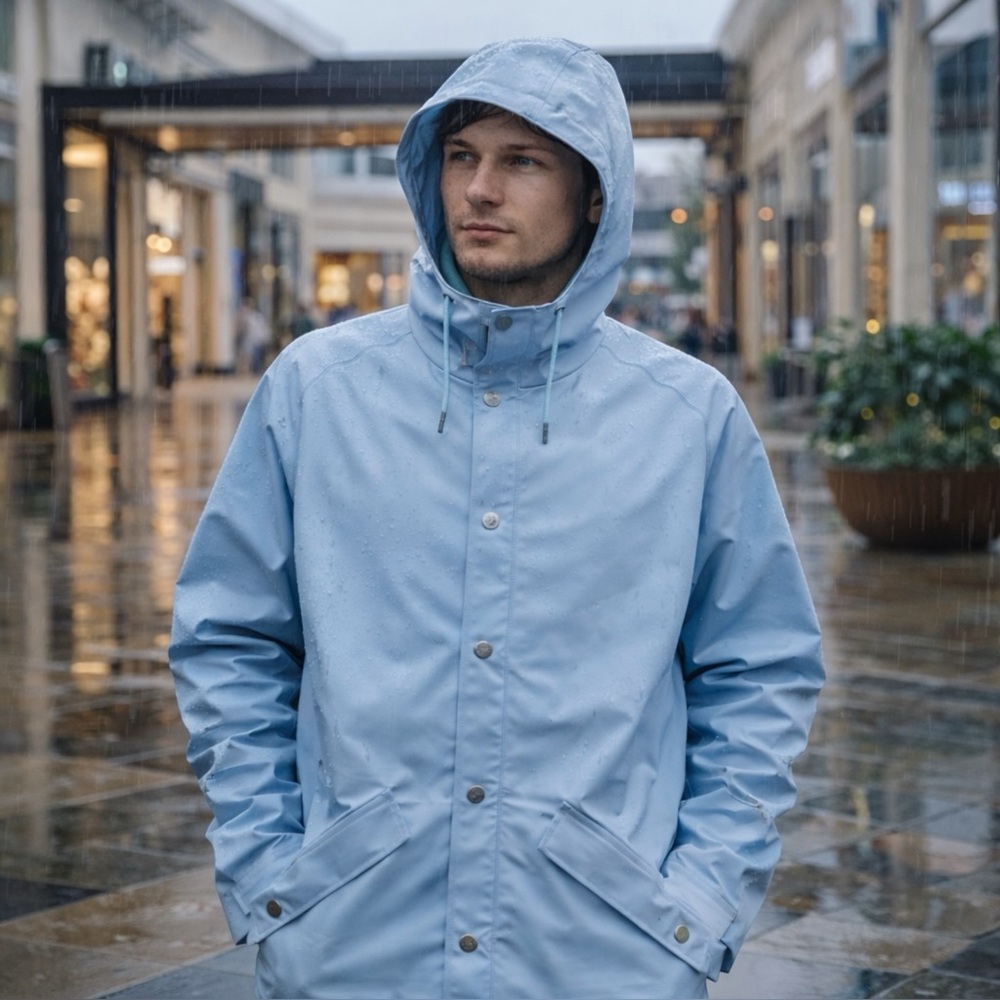Rains Jacket Mens L Sky Blue Waterproof Raincoat Hooded Outdoor Neutral 12010